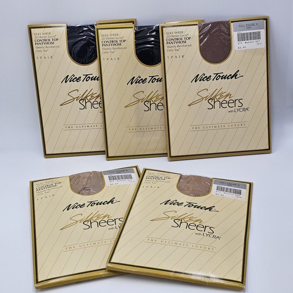 5 VTG Nice Touch Silken Sheers Pantyhose Full Figure X NIP Nude Taupe Black Navy